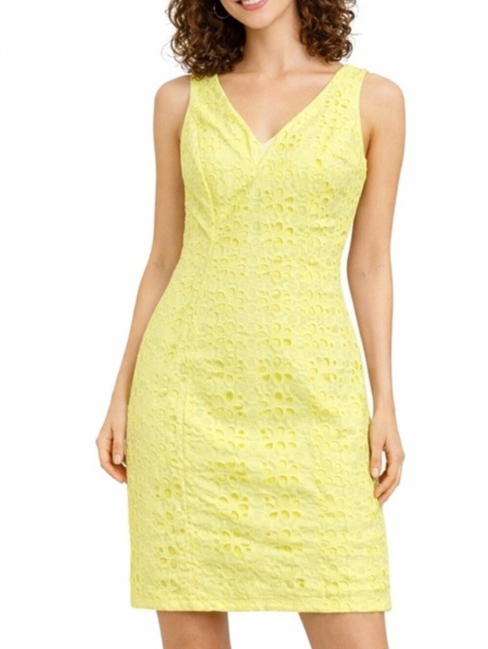 🌺 Tommy Hilfiger Lemon Yellow Eyelet V-Neck Sz 14 EUC Mini Dress